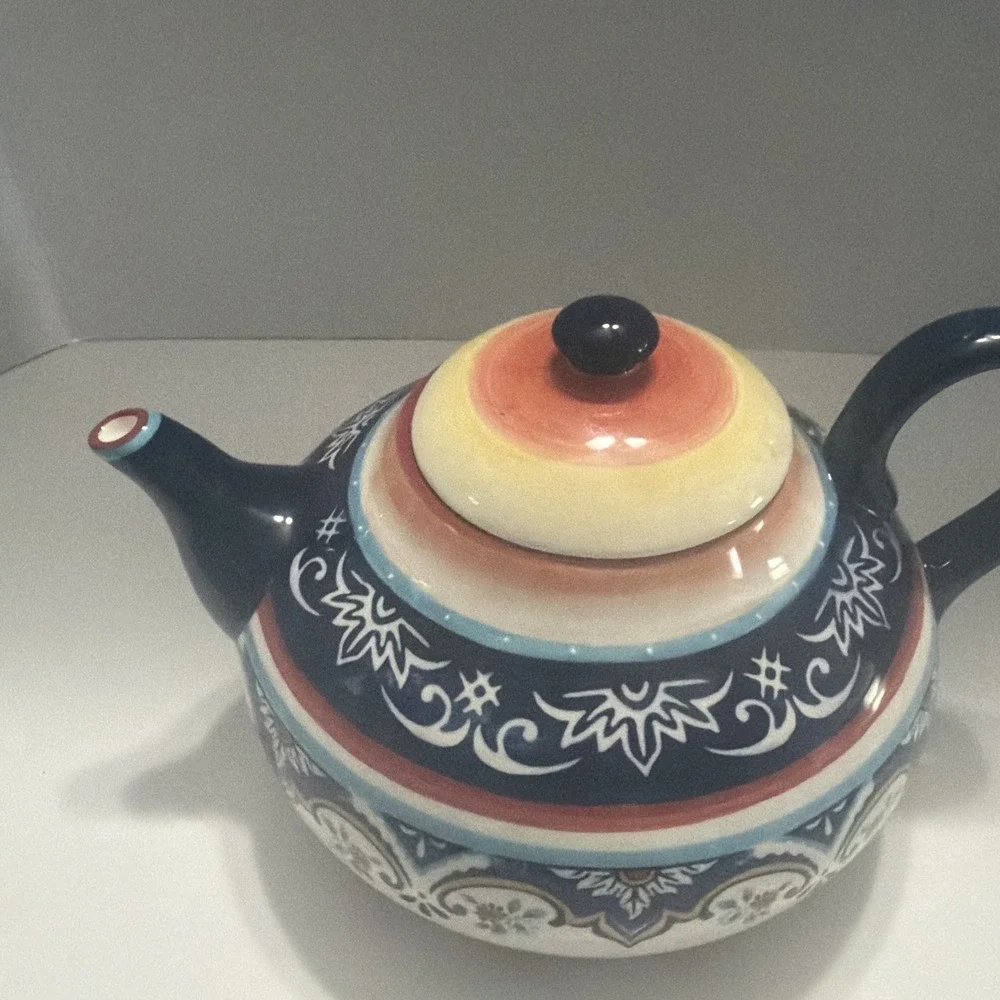 Bella Casa by Ganz Ceramic Teapot Boho Floral Navy Blue BC12812
